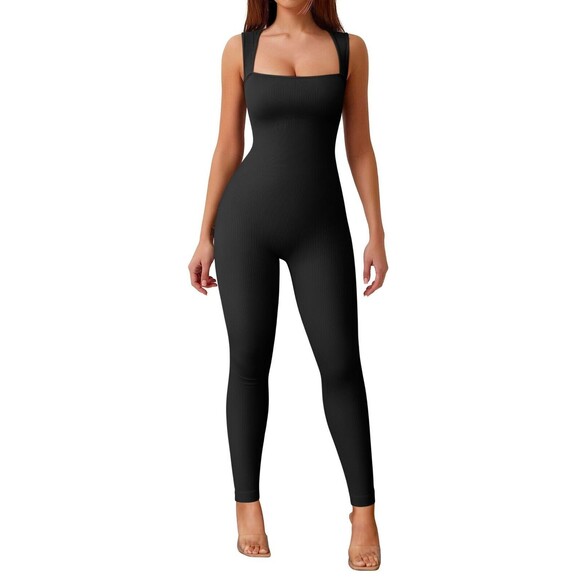 OQQ Medium Black Bodysuit Stretch Slimming Ribbed Square Neck Jumpsuit One Piece - Picture 1 of 8